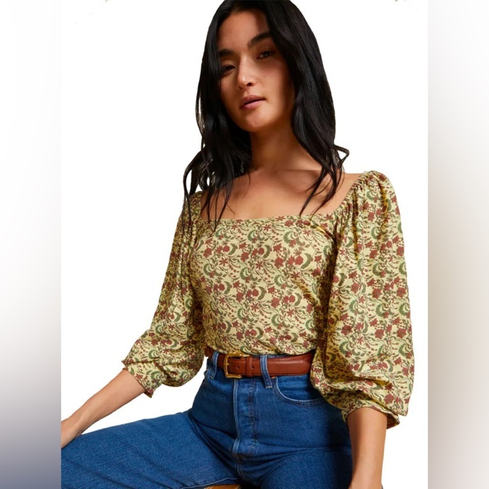 Nation LTD Floral Square-Neck Puff Sleeve Top in Olive and Rust